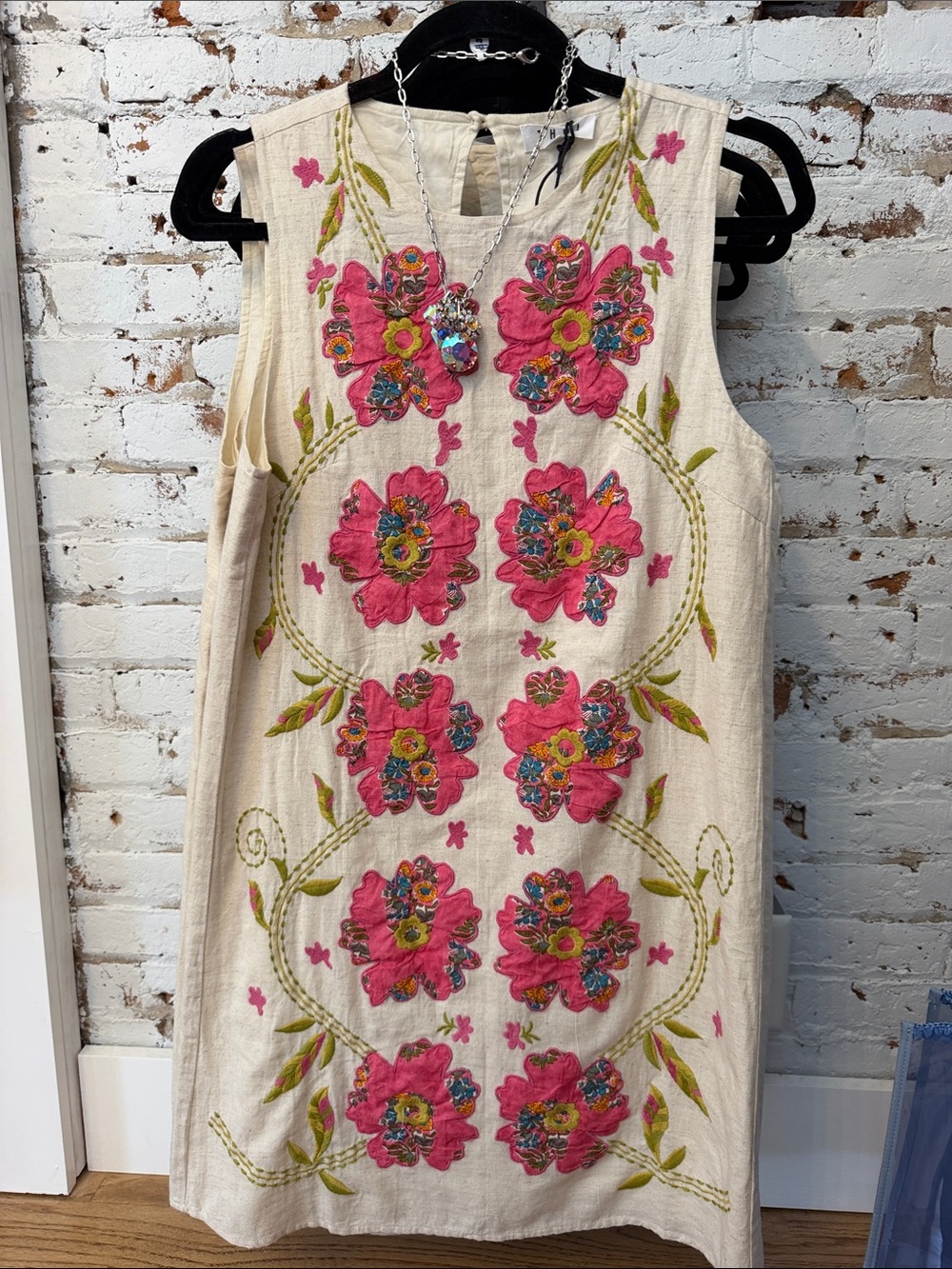 THML Cream Mini Dress with Pink Floral Embroidery